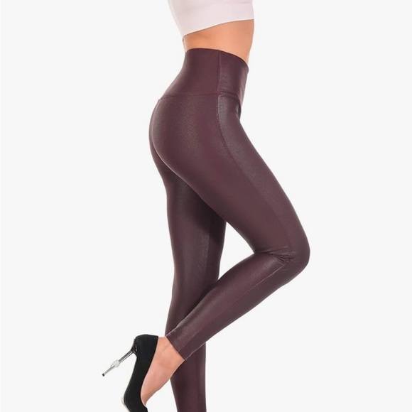 Pants - Women's High-Waisted Burgundy Faux Leather Leggings